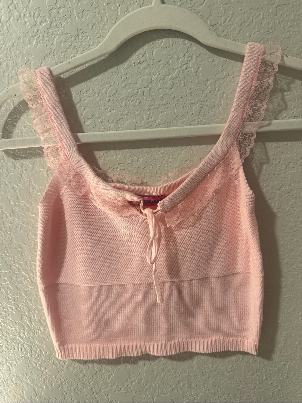 Edikted Light Pink Lace-Trim Knit Tie-Front Crop Top